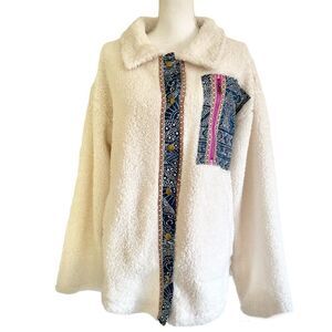 Free People x We The Free Sherpa Jacket Ivory with Blue Patchwork Medium